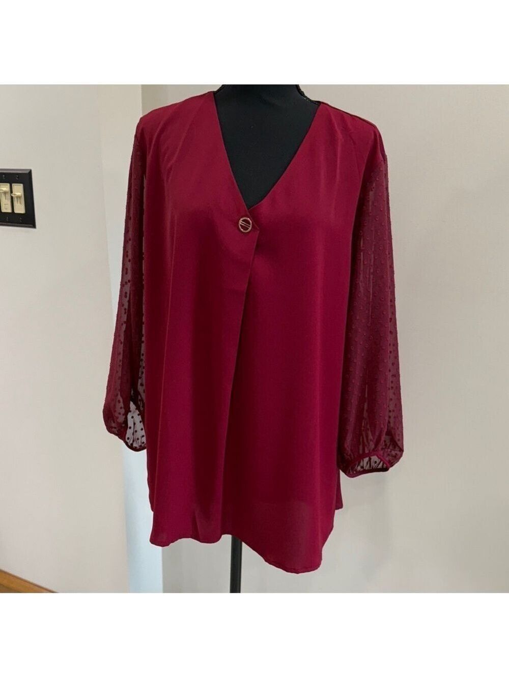 Bebonnie NWT maroon red sheer dot sleeves tunic blouse top size XXXL